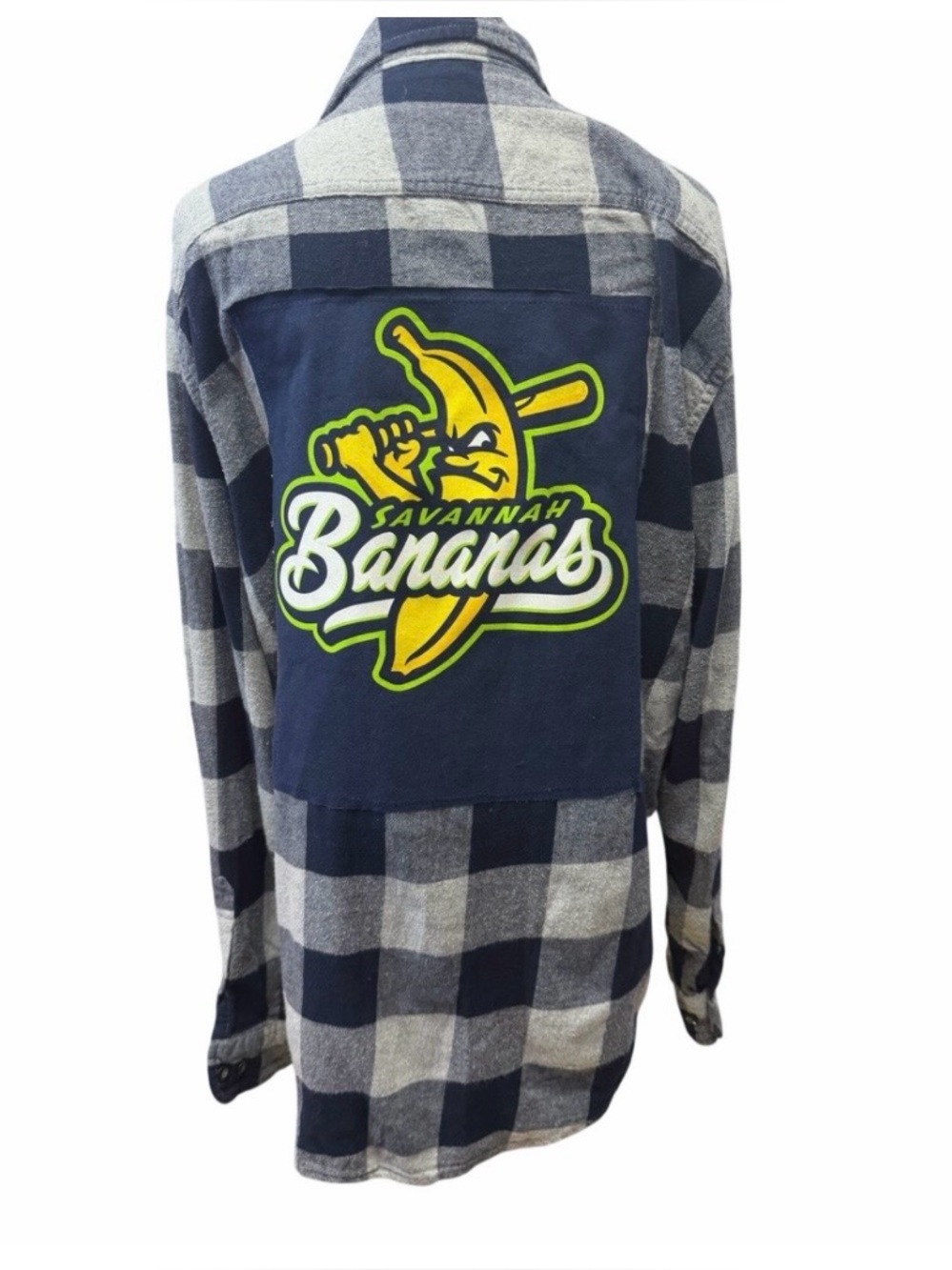 Savannah bananas upcycled custom flannel shirt blue graphic tee on back bespoke